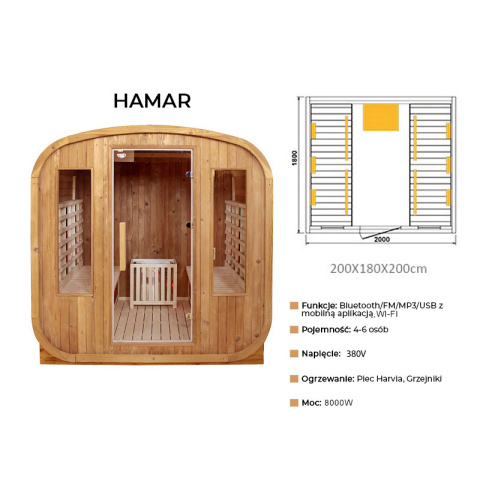 SAUNA OGRODOWA KOMBO FIŃSKA - INFRARED BECZKA HAMAR 4-6 OSOBOWA 180x200 CM SAUNA OGRODOWA KOMBO FIŃSKA - INFRARED BECZKA HAMAR 4-6 OSOBOWA 180x200 CM