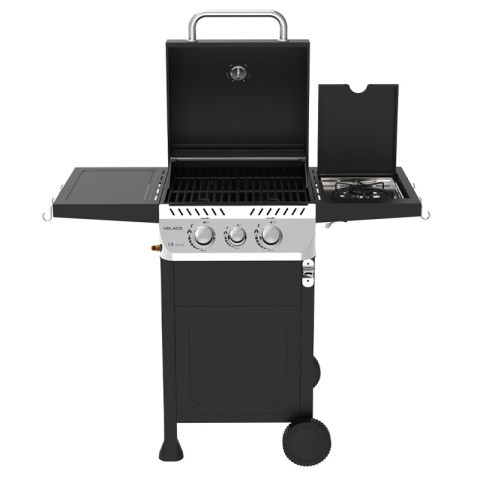 GRILL OGRODOWY GAZOWY Z POKRYWĄ I PÓŁKAMI APOLLO-A CZARNY RUSZT ŻELIWNY 8,5 KW + POKROWIEC