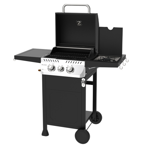 GRILL OGRODOWY GAZOWY Z POKRYWĄ I PÓŁKAMI APOLLO-A CZARNY RUSZT ŻELIWNY 8,5 KW + POKROWIEC