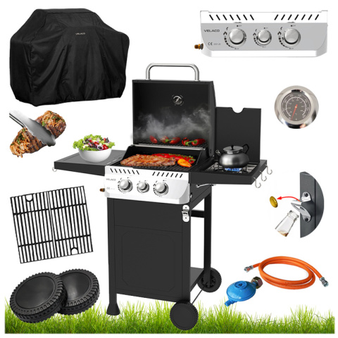 GRILL OGRODOWY GAZOWY Z POKRYWĄ I PÓŁKAMI APOLLO-A CZARNY RUSZT ŻELIWNY 8,5 KW + POKROWIEC