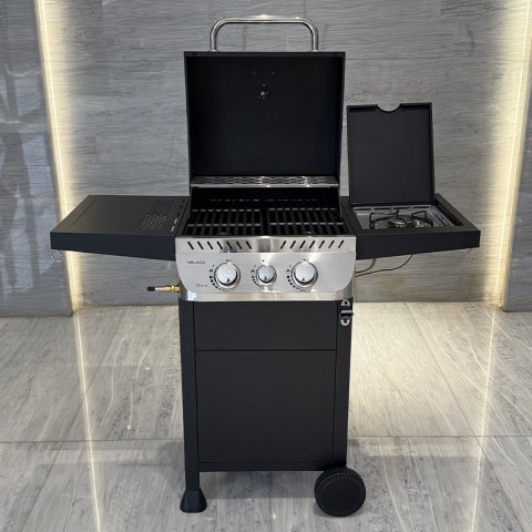 GRILL OGRODOWY GAZOWY Z POKRYWĄ I PÓŁKAMI APOLLO-A CZARNY RUSZT ŻELIWNY 8,5 KW + POKROWIEC