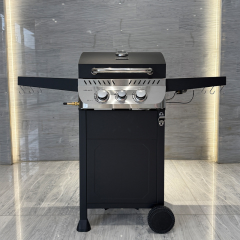 GRILL OGRODOWY GAZOWY Z POKRYWĄ I PÓŁKAMI APOLLO-A CZARNY RUSZT ŻELIWNY 8,5 KW + POKROWIEC