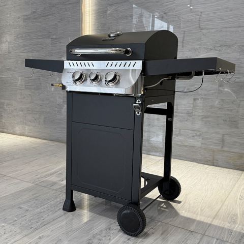 GRILL OGRODOWY GAZOWY Z POKRYWĄ I PÓŁKAMI APOLLO-A CZARNY RUSZT ŻELIWNY 8,5 KW + POKROWIEC