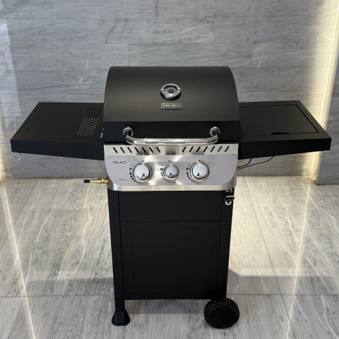 GRILL OGRODOWY GAZOWY Z POKRYWĄ I PÓŁKAMI APOLLO-A CZARNY RUSZT ŻELIWNY 8,5 KW + POKROWIEC