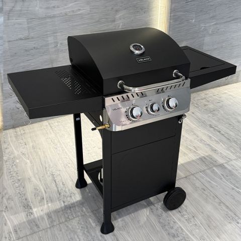 GRILL OGRODOWY GAZOWY Z POKRYWĄ I PÓŁKAMI APOLLO-A CZARNY RUSZT ŻELIWNY 8,5 KW + POKROWIEC