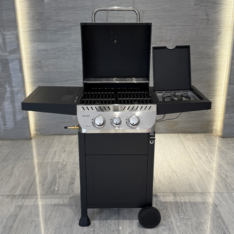 GRILL OGRODOWY GAZOWY Z POKRYWĄ I PÓŁKAMI APOLLO-A CZARNY RUSZT ŻELIWNY 8,5 KW + POKROWIEC