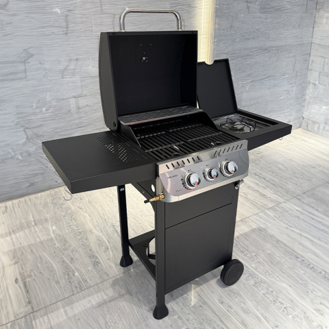 GRILL OGRODOWY GAZOWY Z POKRYWĄ I PÓŁKAMI APOLLO-A CZARNY RUSZT ŻELIWNY 8,5 KW + POKROWIEC