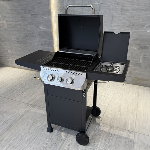 GRILL OGRODOWY GAZOWY Z POKRYWĄ I PÓŁKAMI APOLLO-A CZARNY RUSZT ŻELIWNY 8,5 KW + POKROWIEC