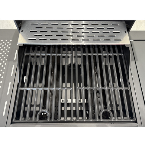 GRILL OGRODOWY GAZOWY Z POKRYWĄ I PÓŁKAMI APOLLO-A CZARNY RUSZT ŻELIWNY 8,5 KW + POKROWIEC
