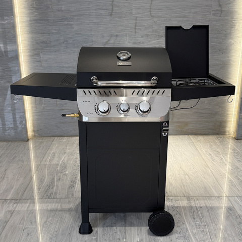 GRILL OGRODOWY GAZOWY Z POKRYWĄ I PÓŁKAMI APOLLO-A CZARNY RUSZT ŻELIWNY 8,5 KW + POKROWIEC
