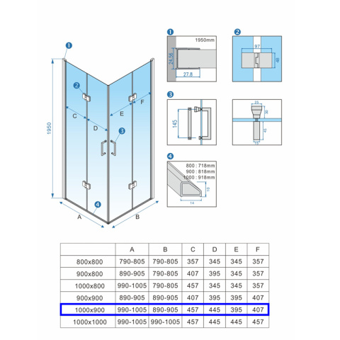 KABINA PRYSZNICOWA PROSTOKĄTNA Z BRODZIKIEM KZ13A/ST04A CHROM/BIAŁY 100x90 CM