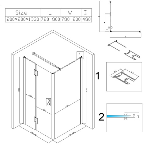 KABINA PRYSZNICOWA KWADRATOWA Z BRODZIKIEM KZ1390A/SXL02A CZARNA/CZARNY 80x80 CM