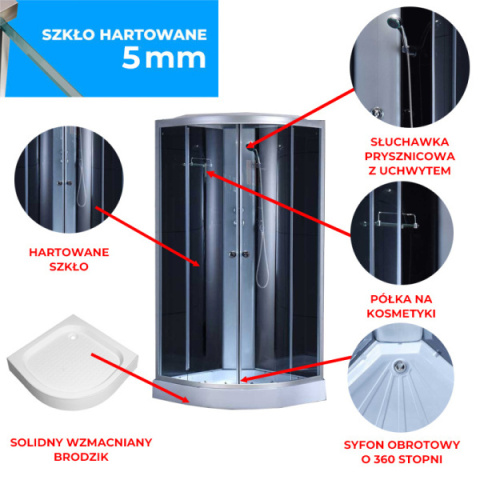 KABINA PRYSZNICOWA PÓŁOKRĄGŁA Z BRODZIKIEM WSH302A CHROM 80x80 CM