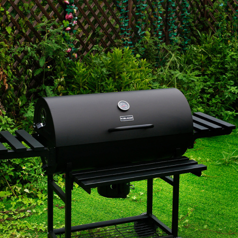 GRILL OGRODOWY WĘGLOWY Z POKRYWĄ I PÓŁKAMI VL09 CZARNY GRILL OGRODOWY WĘGLOWY Z POKRYWĄ I PÓŁKAMI VL09 CZARNY