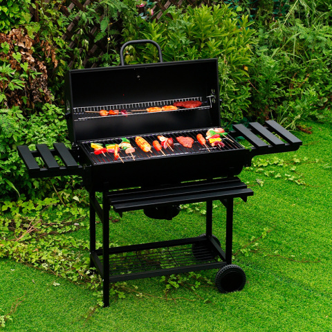 GRILL OGRODOWY WĘGLOWY Z POKRYWĄ I PÓŁKAMI VL09 CZARNY GRILL OGRODOWY WĘGLOWY Z POKRYWĄ I PÓŁKAMI VL09 CZARNY
