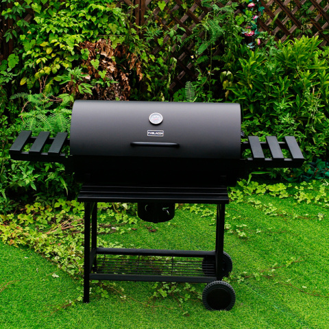 GRILL OGRODOWY WĘGLOWY Z POKRYWĄ I PÓŁKAMI VL09 CZARNY GRILL OGRODOWY WĘGLOWY Z POKRYWĄ I PÓŁKAMI VL09 CZARNY