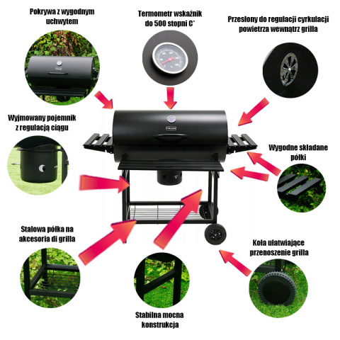 GRILL OGRODOWY WĘGLOWY Z POKRYWĄ I PÓŁKAMI VL09 CZARNY GRILL OGRODOWY WĘGLOWY Z POKRYWĄ I PÓŁKAMI VL09 CZARNY