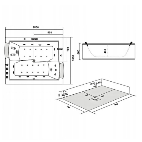 WANNA Z HYDROMASAŻEM DIABLO 666 DO ZABUDOWY BIAŁA 180x150 CM