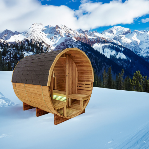 SAUNA OGRODOWA FIŃSKA BECZKA Z PIECEM TROMSO 4-6 OSOBOWA 210x210 CM