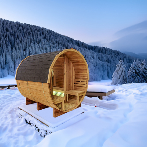 SAUNA OGRODOWA FIŃSKA BECZKA Z PIECEM TROMSO 4-6 OSOBOWA 210x210 CM