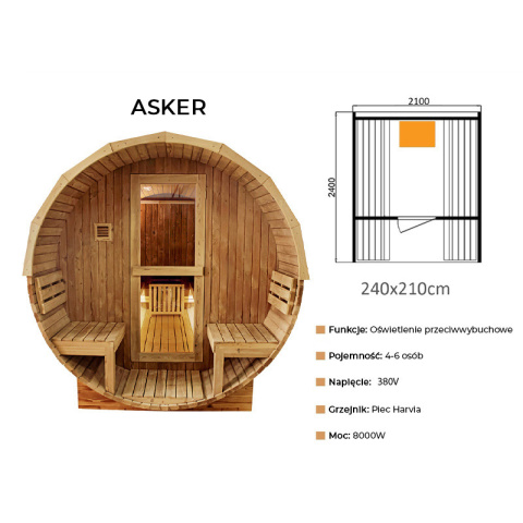 SAUNA OGRODOWA FIŃSKA BECZKA Z PIECEM ASKER 4-6 OSOBOWA 210x240 CM SAUNA OGRODOWA FIŃSKA BECZKA Z PIECEM ASKER 4-6 OSOBOWA 210x240 CM