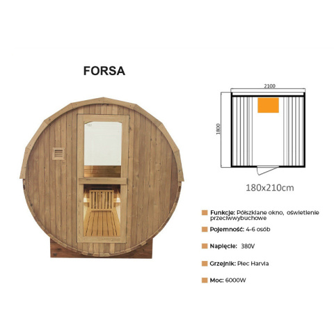 SAUNA OGRODOWA FIŃSKA BECZKA Z PIECEM FORSA-HG 4-6 OSOBOWA 210x180 CM SAUNA OGRODOWA FIŃSKA BECZKA Z PIECEM FORSA-HG 4-6 OSOBOWA 210x180 CM