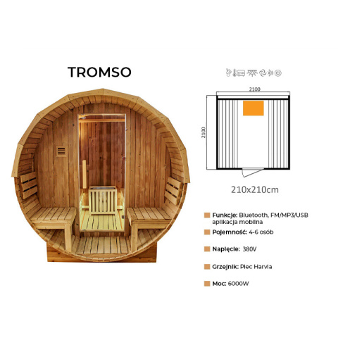 SAUNA OGRODOWA FIŃSKA BECZKA Z PIECEM TROMSO 4-6 OSOBOWA 210x210 CM