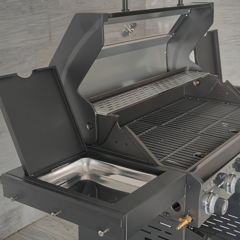 GRILL OGRODOWY GAZOWY Z POKRYWĄ I PÓŁKAMI ZEUS-D CZARNY RUSZT ŻELIWNY 17,5 KW + POKROWIEC GRILL OGRODOWY GAZOWY Z POKRYWĄ I PÓŁKAMI ZEUS-D CZARNY RUSZT ŻELIWNY 17,5 KW + POKROWIEC