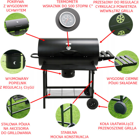 GRILL OGRODOWY WĘGLOWY Z POKRYWĄ I PÓŁKAMI VL09-A1 CZARNY GRILL OGRODOWY WĘGLOWY Z POKRYWĄ I PÓŁKAMI VL09-A1 CZARNY