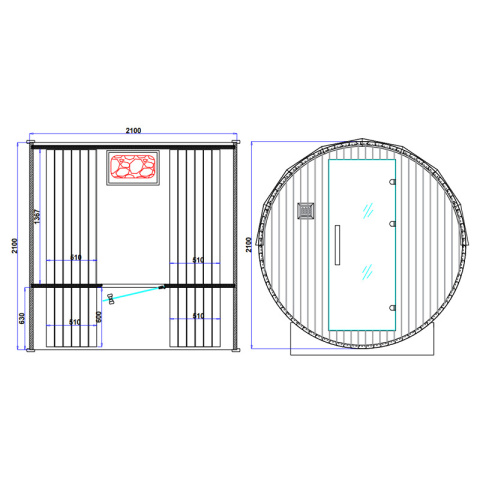 SAUNA OGRODOWA FIŃSKA BECZKA Z PIECEM TROMSO 4-6 OSOBOWA 210x210 CM