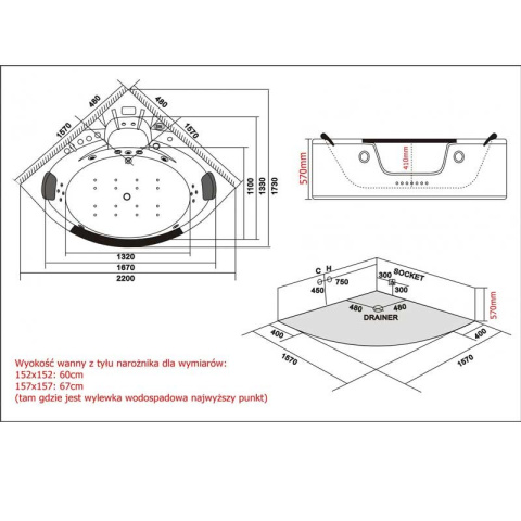 WANNA Z HYDROMASAŻEM Z PODGRZEWACZEM ORINO 632BH 157x157 CM