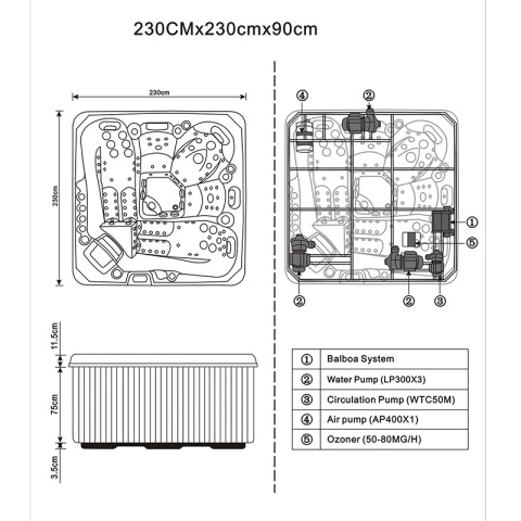 JACUZZI OGRODOWE WANNA SPA755 CZARNA FALA OBUDOWA SZARA DESKA F24 230X230 CM