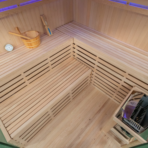 SAUNA FIŃSKA WYSOKOTEMPERATUROWA Z PIECEM OSLO6/HARVIA 8KW 5-6 OSOBOWA 200x200 CM