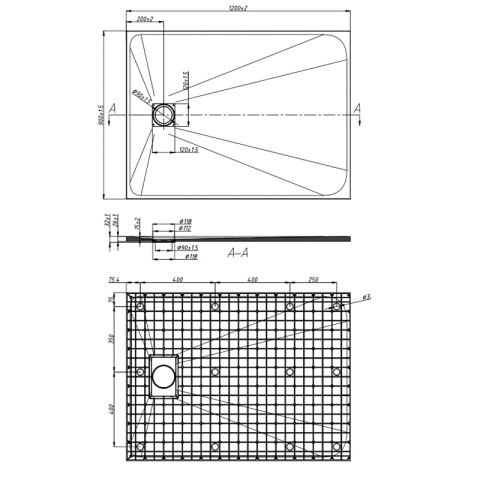 BRODZIK PRYSZNICOWY KAMIENNY PROSTOKĄT SLIM RIKO CZARNY WZÓR MARMUR 120x90